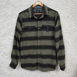 Roark Revival Shirt Mens Medium Green Black Striped Snap Front Flannel Utility